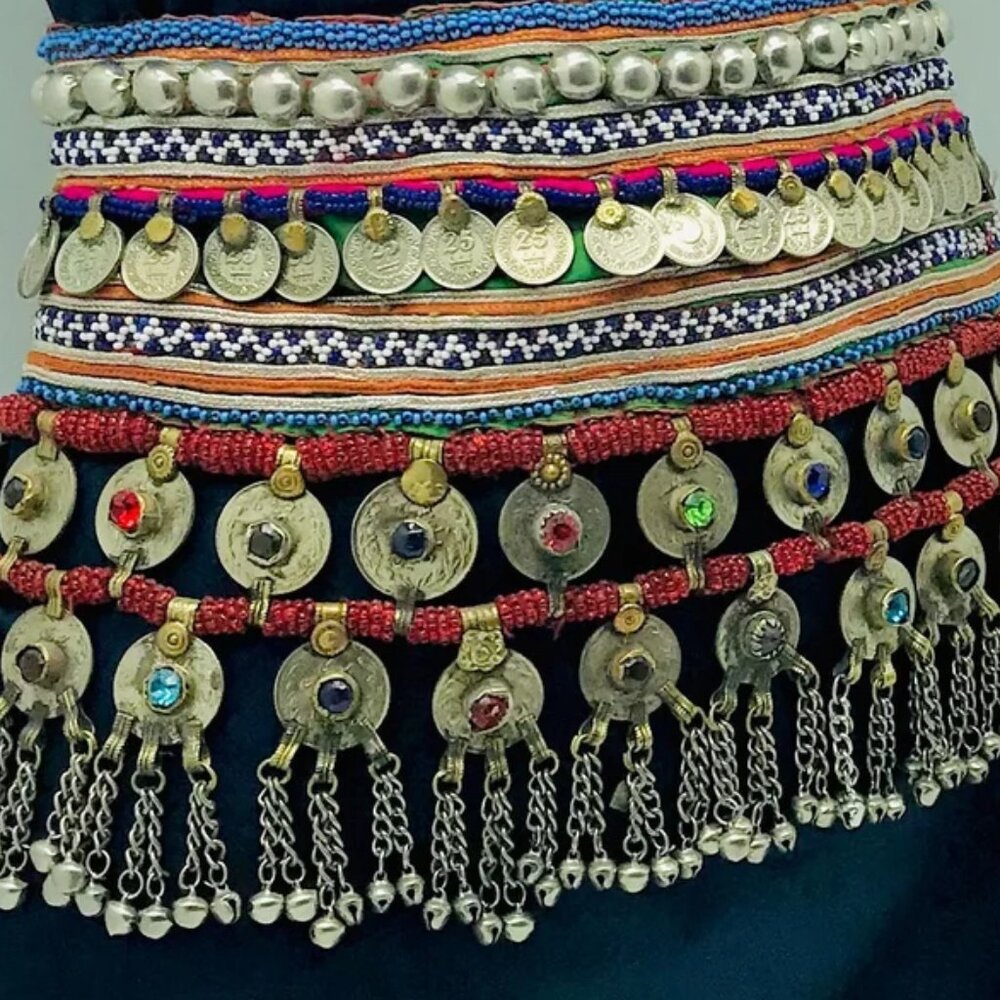 Vintage Kuchi Belly Dance Belt: Afghan Coins & Glass Stones - Picture 5 of 12